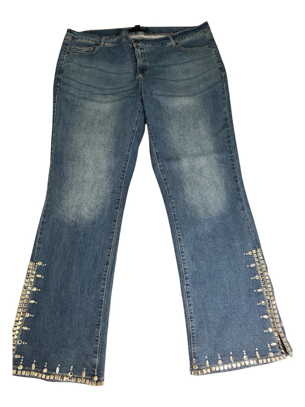 Denim 24/7 Mid Blue Flare Jeans with Studded Hem Trim